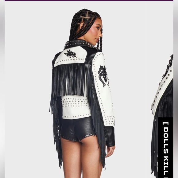 Azalea Wang two tone studded fringe leather Moto jacket - Picture 4 of 6